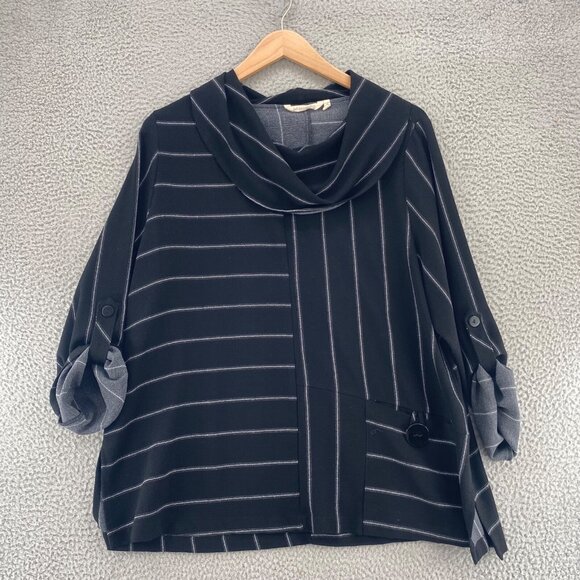 Soft Surroundings Top Womens 1X Plus Black Striped Cowl Neck Roll Tab Sleeves - Picture 10 of 11